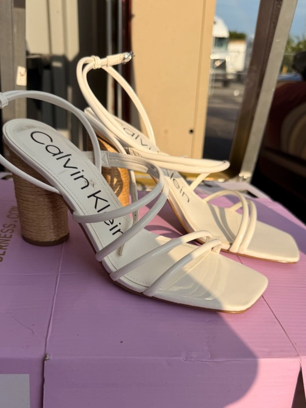 Calvin Klein White Strappy Block Heel Sandals | Size 9.5